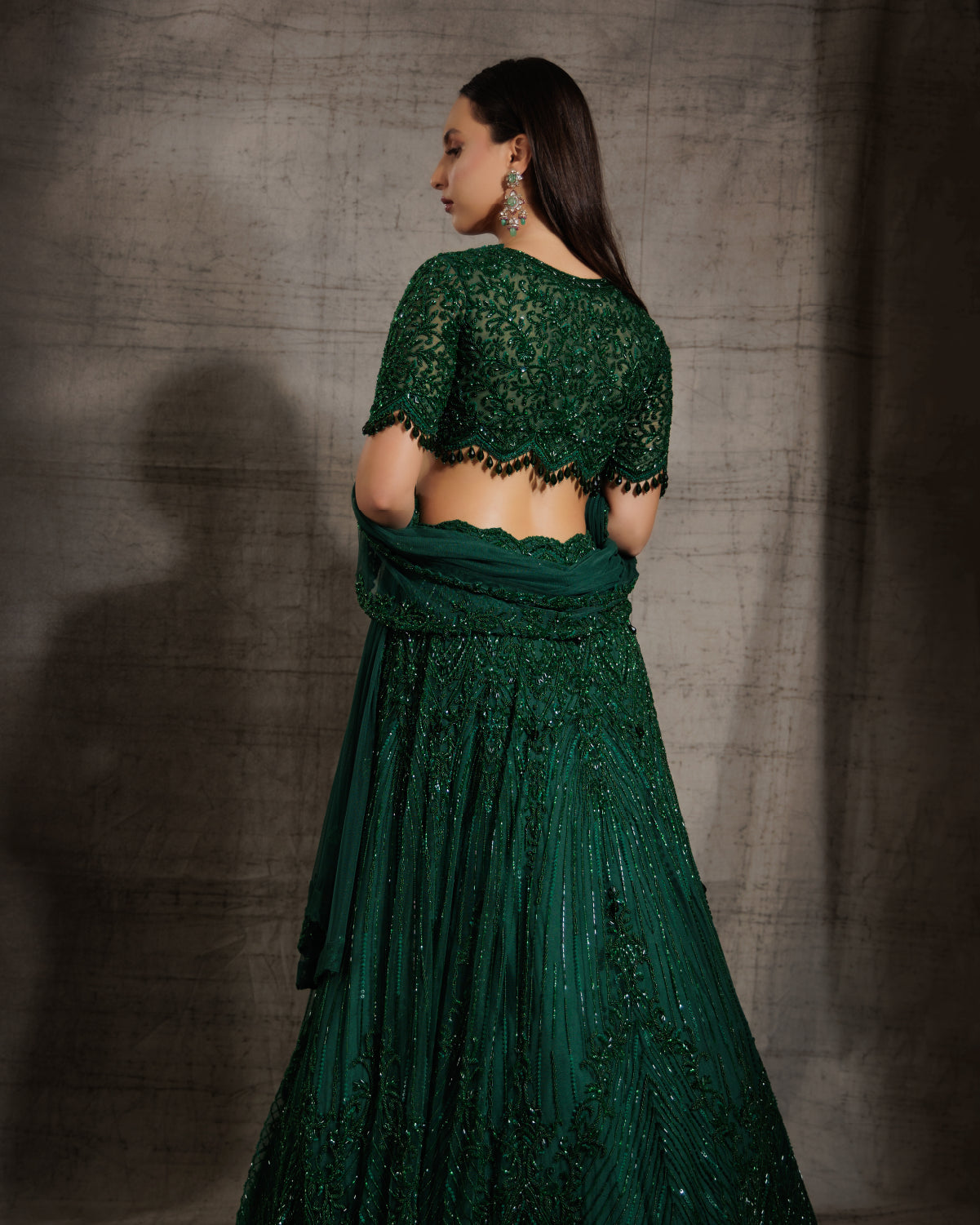 Emerald Green Self Embroidered Lehenga