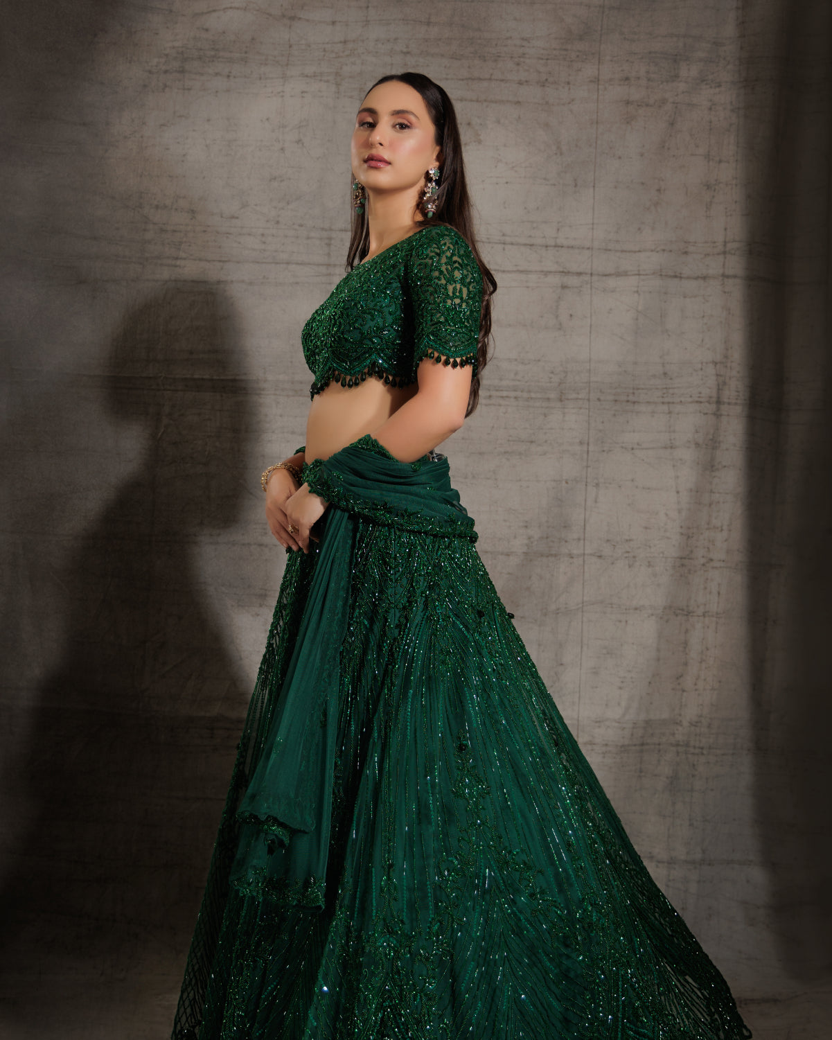 Emerald Green Self Embroidered Lehenga