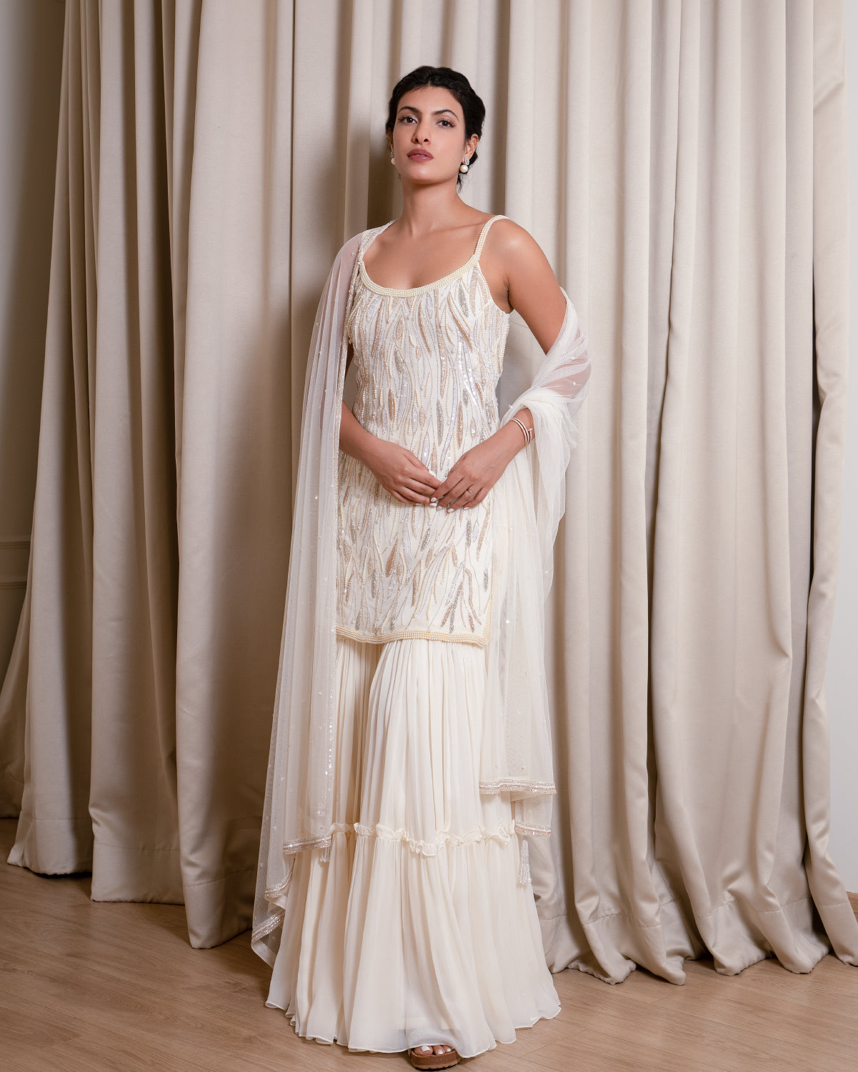 Ivory Sharara Set with Rosegold Embroidery