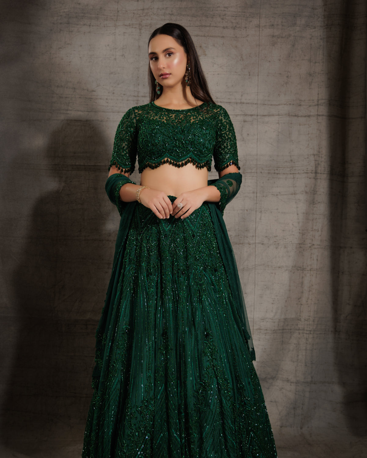 Emerald Green Self Embroidered Lehenga