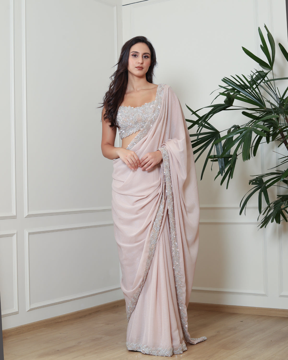 Nude Leafy Saree set
